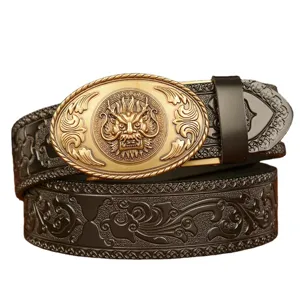 Vintage automatic buckle men's leather belt with dragon head embossing casual waist belt