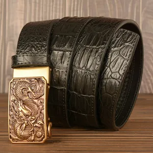 Men's black alligator pattern leather belt with exquisite golden dragon automatic buckle.