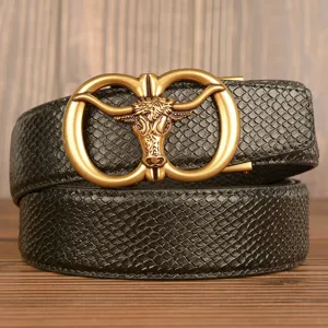 Men black snakeskin leather belt with gold tone bull head automatic buckle main product view