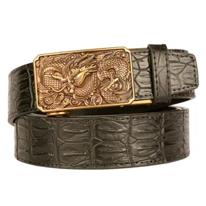 Men's leather belt with Chinese dragon automatic buckle and crocodile pattern strap.