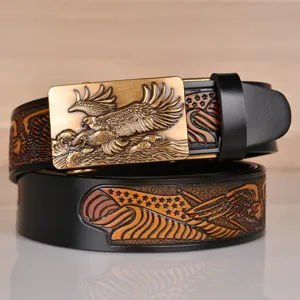 Men's Genuine Leather Automatic Buckle Belt Vintage Eagle Embossed Casual Waist Strap Fashion Men Belt