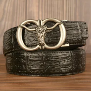 Stylish men's leather belt featuring bull head automatic buckle and black crocodile pattern.