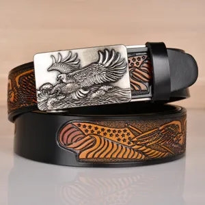 Men's genuine leather automatic buckle belt featuring embossed eagle pattern and metal buckle.