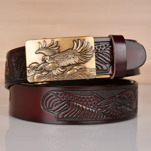 Men's leather belt with eagle embossed automatic buckle and vintage style strap for daily wear.