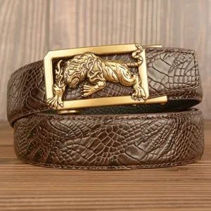 Men retro genuine leather belt with gold tiger automatic buckle and stylish embossed texture.