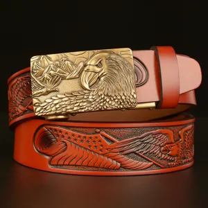 Men's Vintage Genuine Cowhide Leather Belt Automatic Metal Eagle Head Buckle Casual Jeans Belt