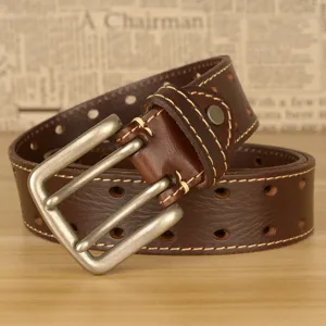 Cintura in Vera Pelle Casual da Uomo Vintage Doppia Fibbia ad Ardiglione in Pelle Bovina Con Cuciture e Design Traforato Per Jeans