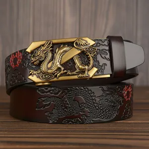 Men's Ethnic Style Genuine Cowhide Leather Belt Vintage 3D Dragon Carved Automatic Buckle Casual Pants Belt