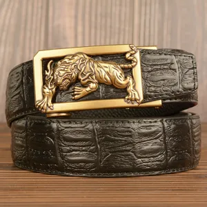 Men's leather belt with retro 3D tiger automatic metal buckle rolled on display