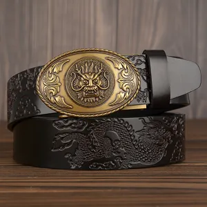 Men's genuine leather belt with antique bronze dragon buckle and embossed patterns.