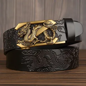 Men's leather belt with gold dragon automatic buckle, vintage embossed strap for casual wear