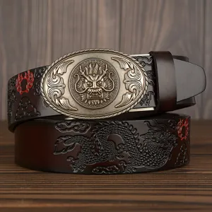 Men's leather belt featuring vintage dragon buckle and embossed cowhide strap. Perfect fit.