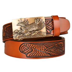 Men's vintage embossed leather belt with eagle metal automatic buckle, brown casual strap.