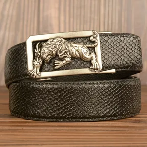 Men's leather belt featuring a detailed 3D tiger metal automatic buckle and textured strap.
