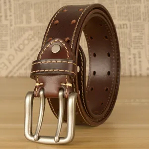 Cintura in vera pelle da uomo con fibbia a doppia ardiglione stile vintage marrone scuro