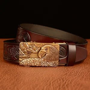 Men's leather belt with retro eagle metal automatic buckle, stylish embossed cowhide strap.