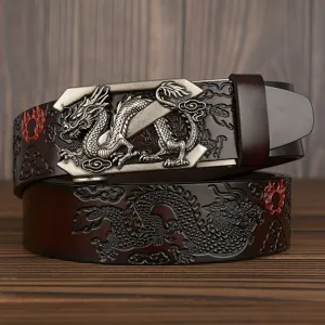 Men's leather belt with embossed dragon pattern and metal automatic buckle, vintage retro style.