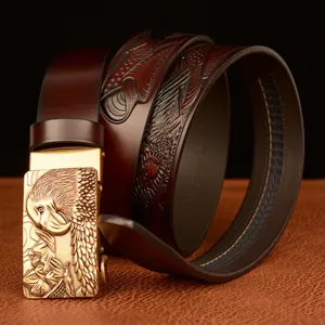 Men genuine leather belt with metallic eagle head automatic buckle and embossed pattern design.