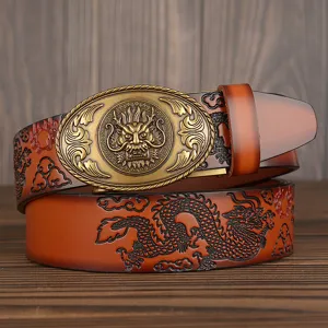 Men's retro cowhide leather belt featuring an intricate embossed dragon buckle and strap.