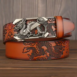 Men's leather belt with dragon automatic buckle and embossed cowhide pattern stylish.