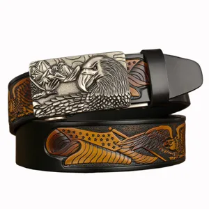 Men's genuine leather automatic buckle belt with embossed eagle design and metal hardware.