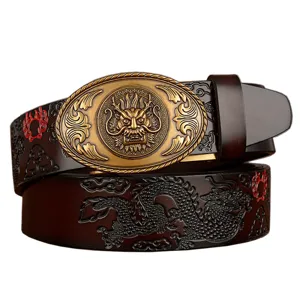 Men genuine leather belt retro dragon automatic buckle luxury casual jeans waist belt