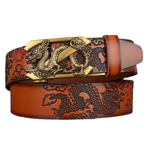 Men's leather belt with embossed dragon pattern and metal automatic buckle, casual vintage style.