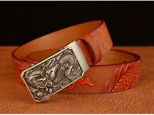 Detailed view of men's genuine leather casual belt with embossed dragon pattern and buckle.