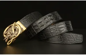 Men's black crocodile pattern genuine leather belt featuring a stylish gold automatic buckle.