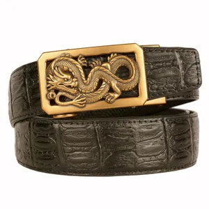 Men's black crocodile texture leather belt with vintage gold dragon automatic buckle for business.