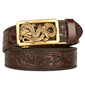 Men's genuine leather automatic belt with gold dragon buckle and embossed vintage pattern.