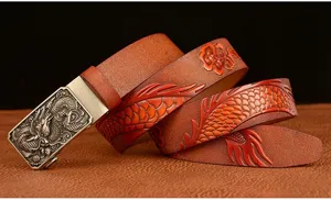 Men's dragon embossed leather belt with metal automatic buckle for casual jeans wear.