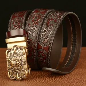 Men's leather automatic buckle belt with embossed vintage dragon claw design and carved strap.