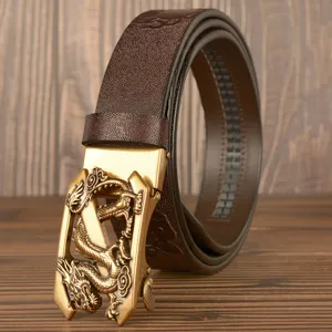 Men's automatic buckle leather belt featuring a 3D dragon carving design for ethnic style.