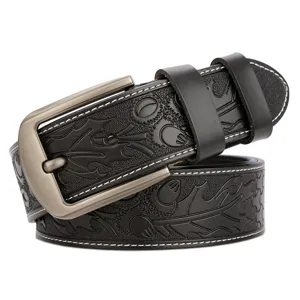 Men vintage carved genuine leather belt with metal pin buckle and stylish floral embossed design.
