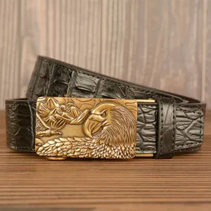 Men's leather belt featuring a stylish brass eagle automatic buckle and crocodile texture.