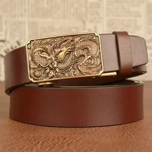 Men brown leather belt with vintage dragon metal automatic buckle for casual jeans wear style.