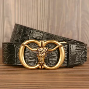 Mens retro bull head automatic buckle belt black crocodile pattern leather belt casual