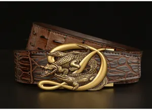 Men's leather belt featuring a detailed golden crocodile buckle and premium embossed strap.