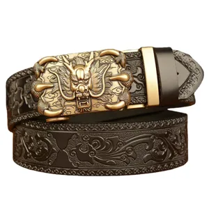 Men's automatic leather belt with 3D golden dragon claw buckle and embossed retro strap design.
