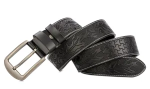 Detailed view of black embossed leather men belt with floral carving and metal buckle.