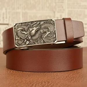 Men vintage brown leather belt with exquisite metal dragon buckle automatic casual jeans belt