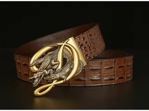 Men luxury brown crocodile pattern leather belt with golden animal buckle stylish design