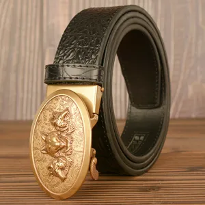 Men's Business Casual Leather Belt Automatic Metal Buckle Wolf Head Embossed Crocodile Pattern Waistband For Men