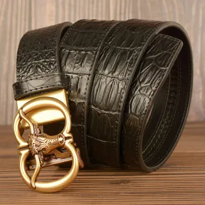 Men's automatic buckle leather belt with stylish bull head metal design and black crocodile pattern.