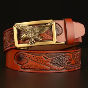 Men's Retro Genuine Leather Automatic Buckle Belt Embossed Eagle Pattern Metal Buckle Waist Strap For Casual Denim