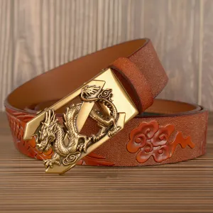 Men's embossed cowhide leather belt with metallic 3D dragon buckle automatic design stylish ethnic.