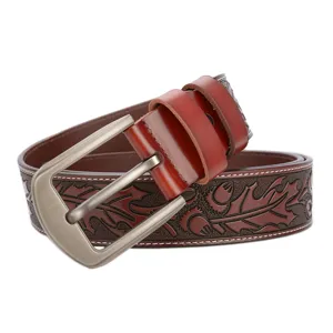 Men's genuine leather embossed vintage floral belt with stylish alloy pin buckle for jeans.