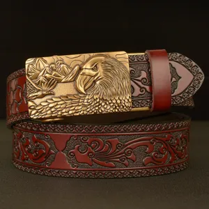 Cintura in Pelle Casual da Uomo Fibbia Automatica Motivo a Girali Vintage Cintura Affari Moda Testa d'Aquila Fibbia in Metallo