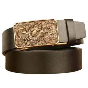 Men's cowhide automatic buckle belt with detailed dragon metal design for casual jeans.